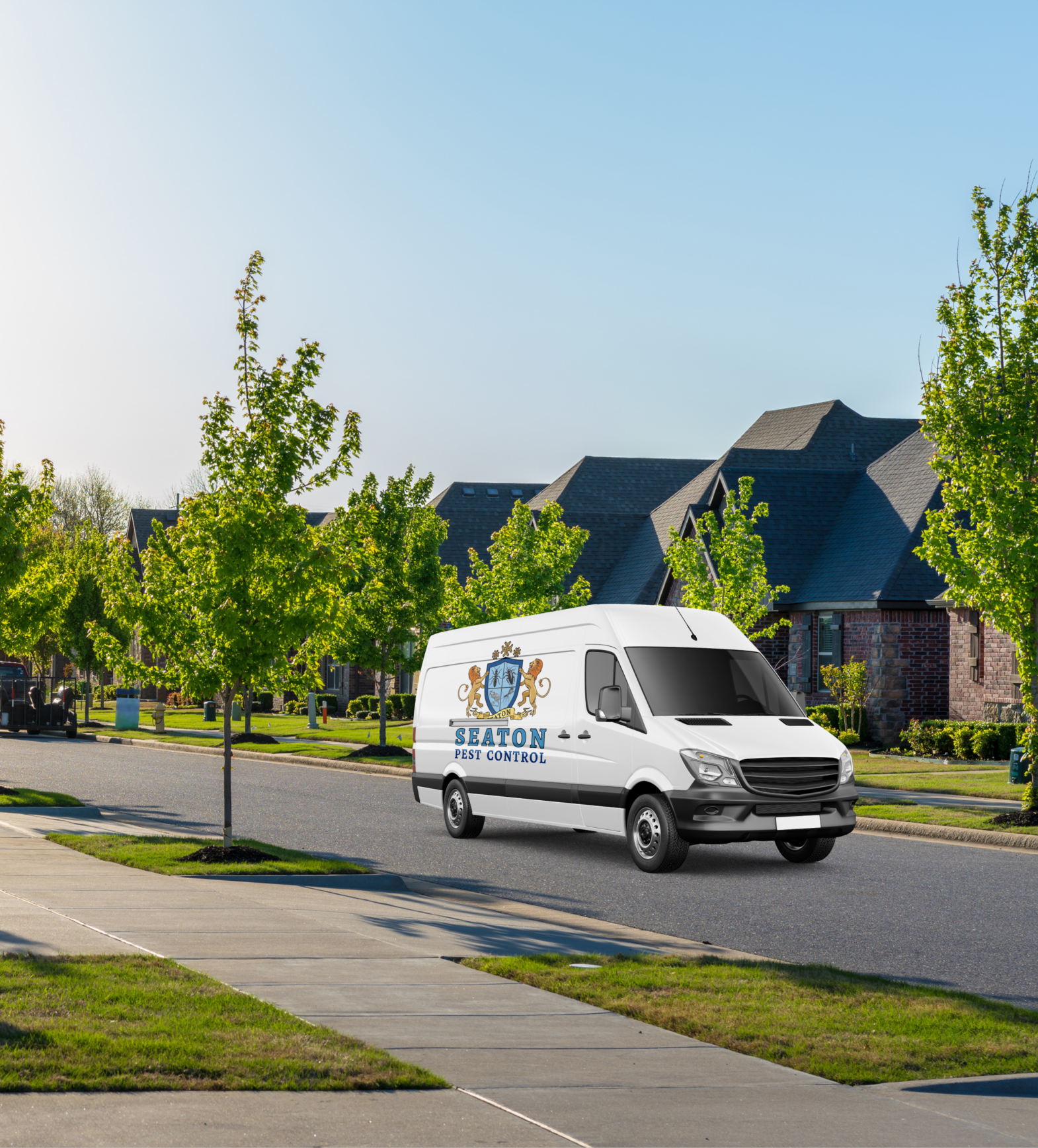 A white Seaton Pest Control van is parked on a suburban street lined with green trees and houses, ready for expert pest control service.