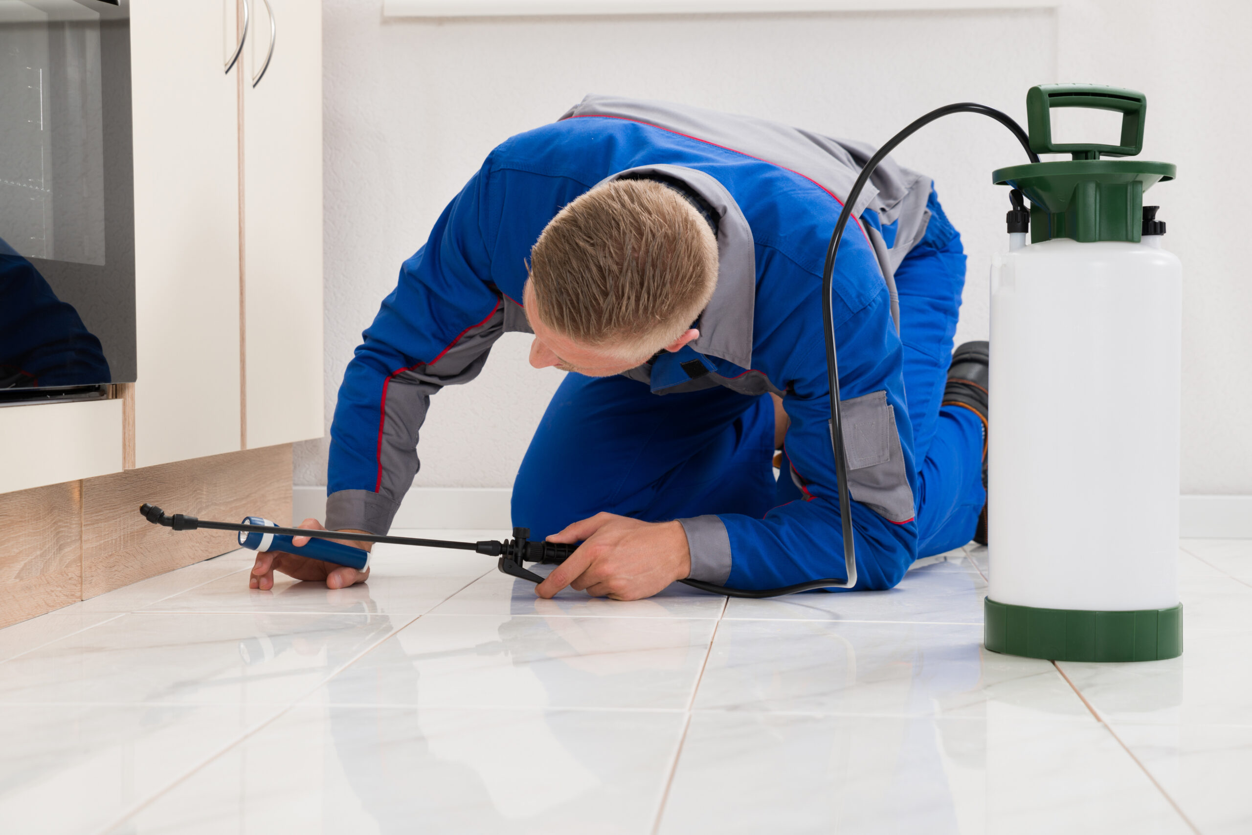 A person in a blue uniform kneels on the floor, using a sprayer to perform pest control near a cabinet.