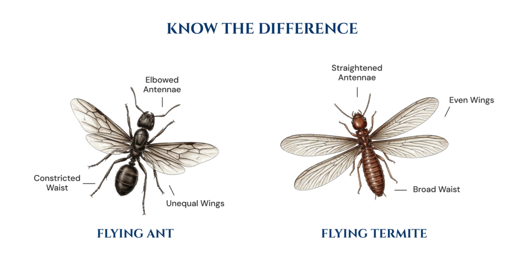 Diagram comparing flying ants and termites—key features help with pest control identification.