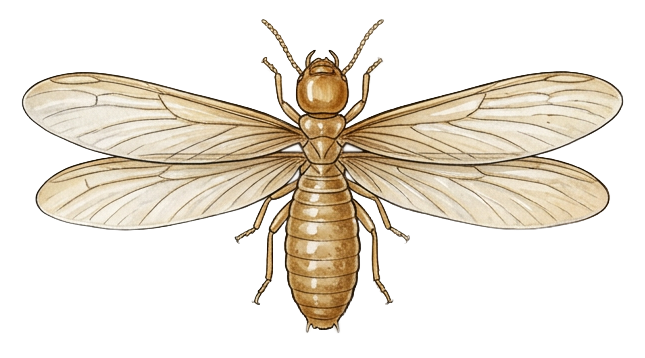 Illustration of a brown termite with four wings and segmented body, ideal for pest control guides or educational materials.