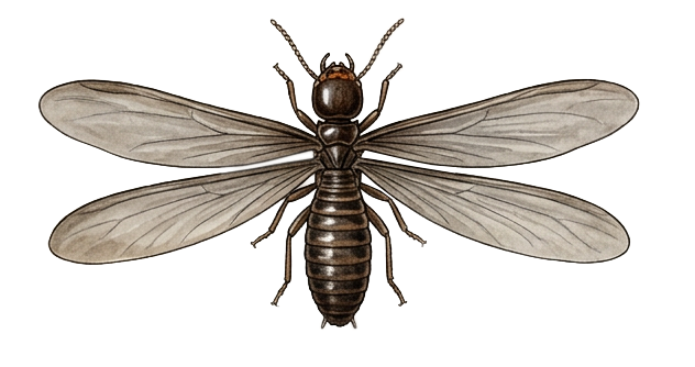 Illustration of a winged termite, ideal for pest control guides: six legs, long antennae, brown body, and four transparent wings spread out.